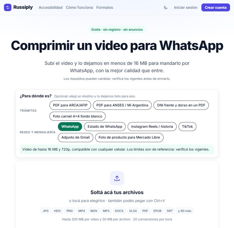 El conversor de archivos de Russiply con el selector «¿Para dónde es?»