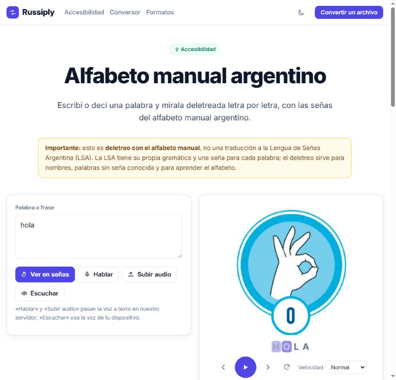 La herramienta mostrando la palabra HOLA deletreada con el alfabeto manual